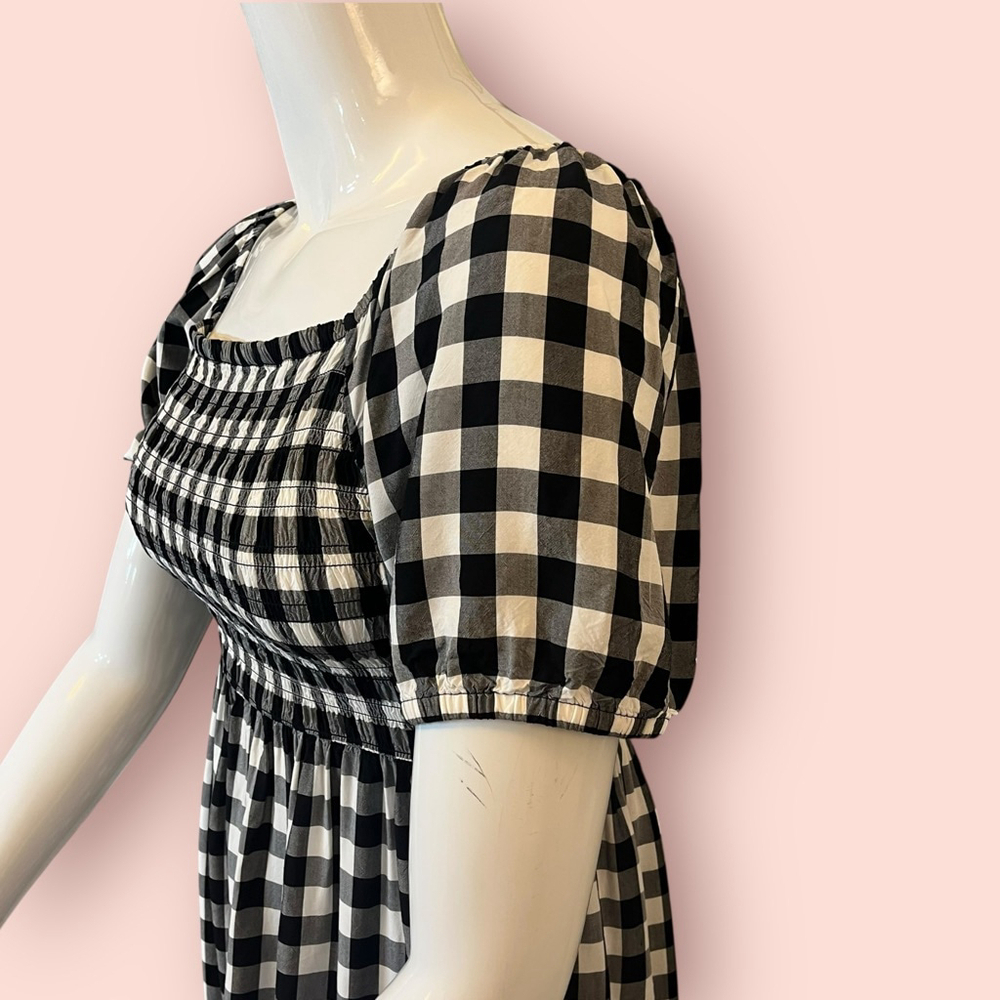 Place Gingham Shirred Ruffle Dress, L, Black White - Picture 9 of 15